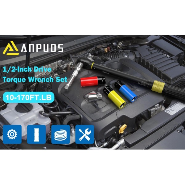 ANPUDS 1/2-Inch Drive Torque Wrench, 10-170 Ft-Lb/13.6-230.5 Nm Click Torque Wrench Set with 17, 19, 21mm Sockets, 1/2"to 3/8" Adapter & 125mm Extension Bar, 72-Tooth, Torque Tool for Car & Motorcycle