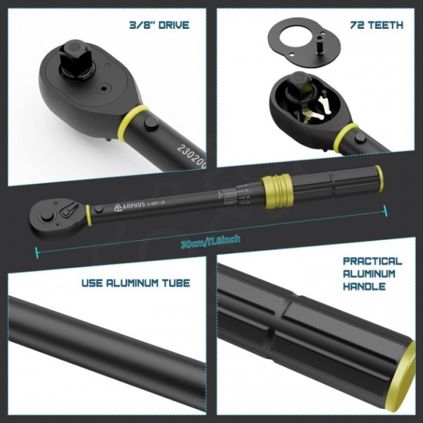 ANPUDS 3/8-Inch Drive Click Torque Wrench, 5-45 Ft-Lb/6.8-61 Nm, Dual-Direction Torque Wrench, Lightweight Aluminum 72-Tooth Dual Range Scales Torque Wrench for Bike, Motorcycle, Car Spark