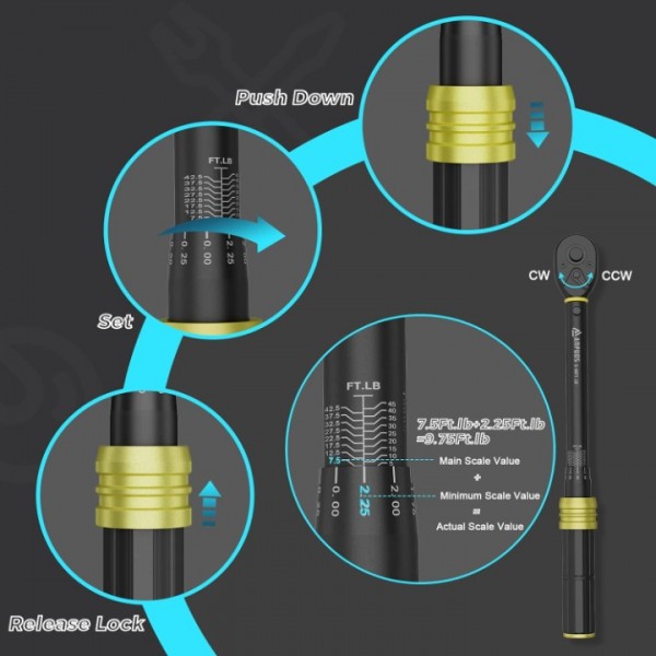 ANPUDS 3/8-Inch Drive Click Torque Wrench, 5-45 Ft-Lb/6.8-61 Nm, Dual-Direction Torque Wrench, Lightweight Aluminum 72-Tooth Dual Range Scales Torque Wrench for Bike, Motorcycle, Car Spark