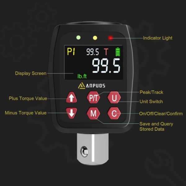 ANPUDS 1/2" Digital Torque Adapter, 5-99.5Ft-lb/6.75-135Nm, Digital Torque Wrench Converter with ±1% Accuracy, Preset Value, Data Storage, Buzzer & LED Indicator, 3/8'' & 1/4'' Adapters for Motorcycle