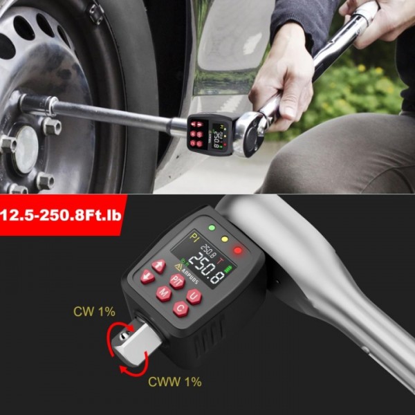 ANPUDS 1/2" Digital Torque Adapter, 12.5-250.8 Ft-lb/17-340 Nm, Digital Torque Wrench Converter with ±1% Accuracy, Preset Value, Data Storage, Buzzer & LED Indicators, 3/8'' & 1/4'' Adapters for Car