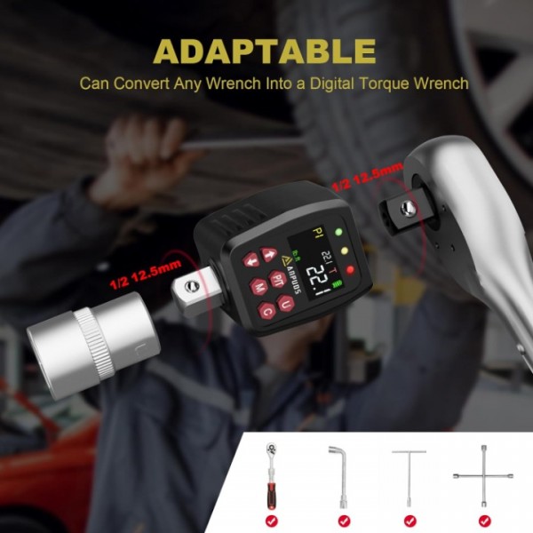 ANPUDS 1/2" Digital Torque Adapter, 1.1-22.1 Ft-lb/1.5-30 Nm, Digital Torque Wrench Converter with ±1% Accuracy, Preset Value, Data Storage, Buzzer & LED Indicators, 3/8'' & 1/4'' Adapters for Bike