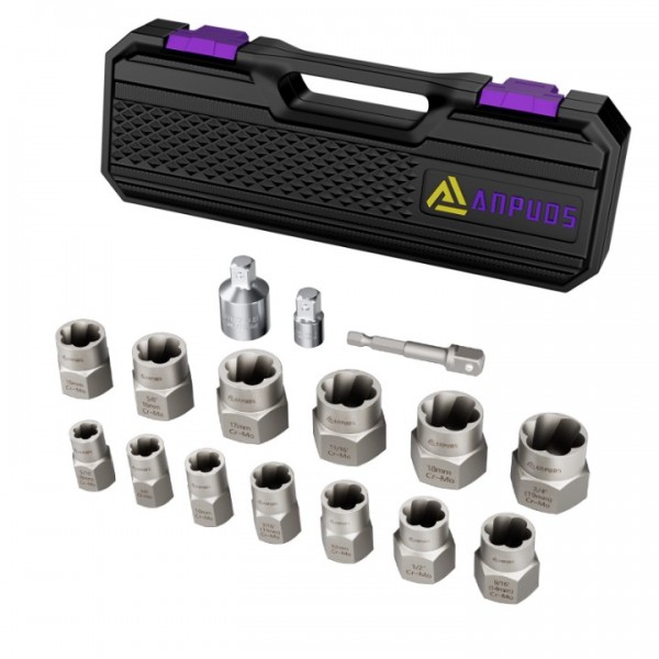 ANPUDS Bolt Extractor Set, 16 Pieces Impact Bolt & Nut Remover Set, Nut Extractor Socket Set, Stripped Lug Nut Remover for Removing Broken, Rounded, Rusted, Frozen, Damaged Nuts Screws & Bolts