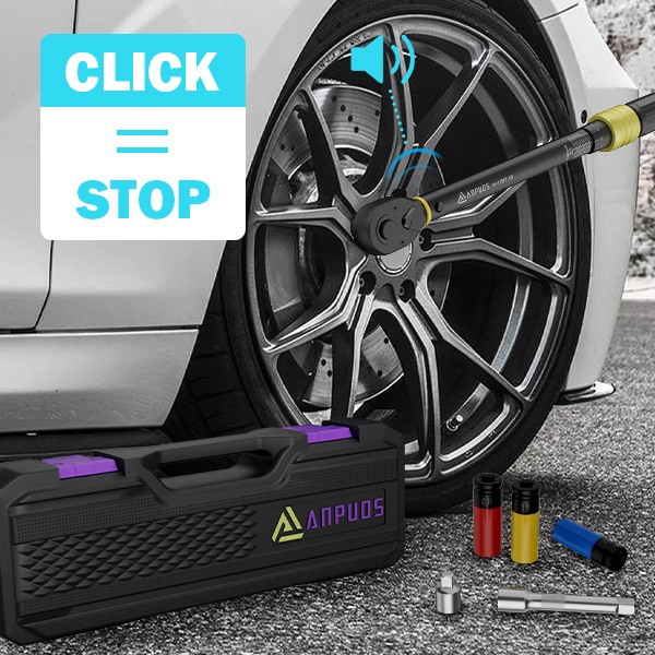 ANPUDS 1/2-Inch Drive Torque Wrench, 10-170 Ft-Lb/13.6-230.5 Nm Click Torque Wrench Set with 17, 19, 21mm Sockets, 1/2"to 3/8" Adapter & 125mm Extension Bar, 72-Tooth, Torque Tool for Car & Motorcycle