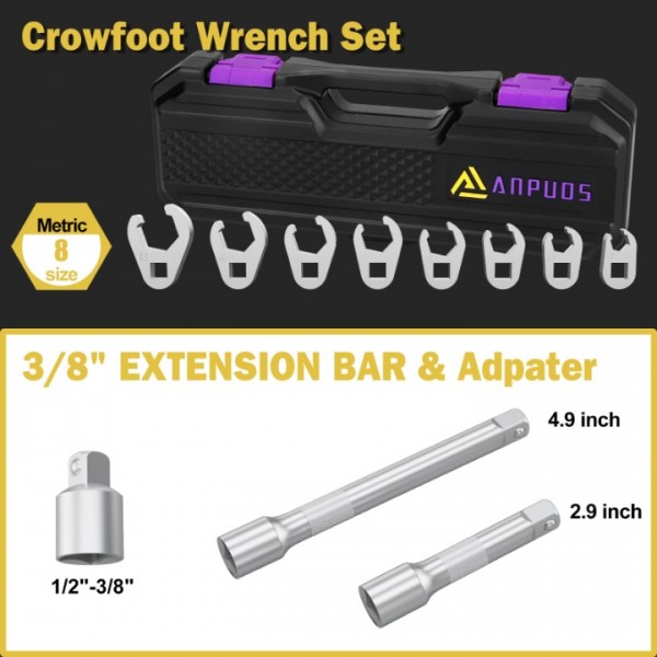 ANPUDS 3/8" Drive Crowfoot Wrench Set, 11-Piece Metric Crows Foot Wrench Set with 2 Extension Bars, 1/2''to 3/8'' Adapter, Storage Box, Flare Nut Wrench Set for Repair Work Tight Spaces