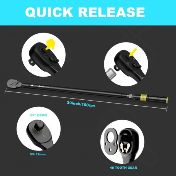 ANPUDS 3/4-Inch Drive Click Torque Wrench, 100-650 Ft-Lb/135.5-880.8 Nm, Dual-Direction Torque Wrench, 48-Tooth Dual Range Scales Torque Wrench with Quick Release Reversible Head for Car, Truck