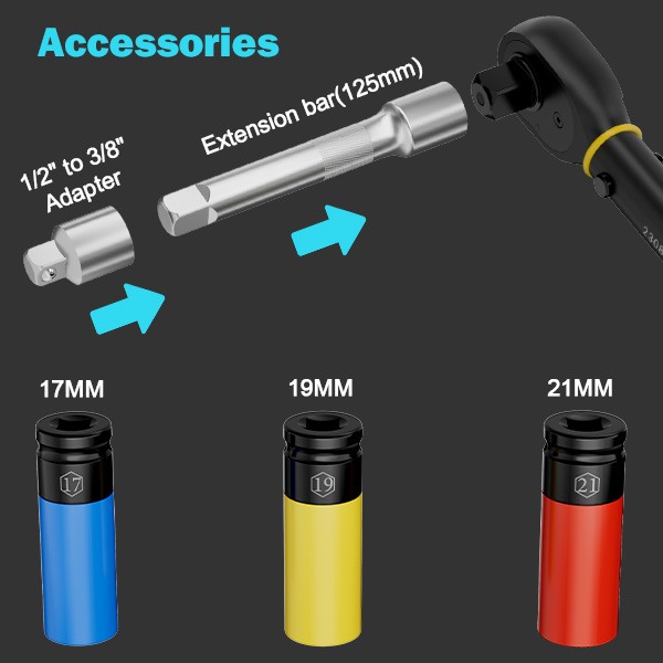 ANPUDS 1/2-Inch Drive Torque Wrench, 10-170 Ft-Lb/13.6-230.5 Nm Click Torque Wrench Set with 17, 19, 21mm Sockets, 1/2"to 3/8" Adapter & 125mm Extension Bar, 72-Tooth, Torque Tool for Car & Motorcycle