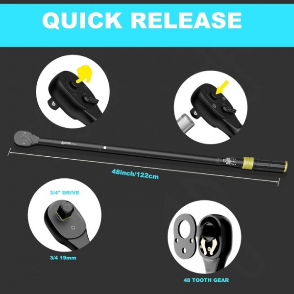 ANPUDS 3/4-Inch Drive Click Torque Wrench, 100-800Ft-Lb/135.5-1084Nm, Dual-Direction Torque Wrench, 48-Tooth Dual Range Scales Torque Wrench with Quick Release Reversible Head for Car, Truck, Tractor