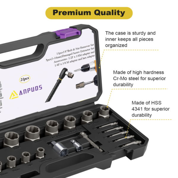ANPUDS Bolt Extractor Screw Extractor Set, 21 Piece Easy Out Broken Bolt Extractor, Damaged Screw Extractor Set, Stripped Screw Removal Tool for Removing Damaged, Frozen, Rusted, Bolts, Nuts & Screw