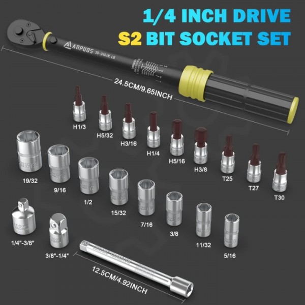 1/4 Torque Wrench, Lightweight Aluminum Material, High Accuracy, Safe and Easy to Use, Dual-Direction with Quick Release, 21 PCS Bike Maintenance Kit and Storage