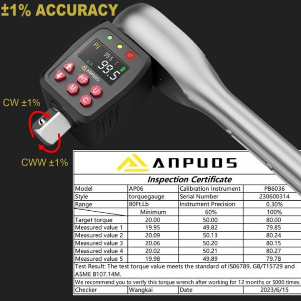ANPUDS 1/2" Digital Torque Adapter, 5-99.5Ft-lb/6.75-135Nm, Digital Torque Wrench Converter with ±1% Accuracy, Preset Value, Data Storage, Buzzer & LED Indicator, 3/8'' & 1/4'' Adapters for Motorcycle