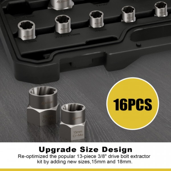 ANPUDS Bolt Extractor Set, 16 Pieces Impact Bolt & Nut Remover Set, Nut Extractor Socket Set, Stripped Lug Nut Remover for Removing Broken, Rounded, Rusted, Frozen, Damaged Nuts Screws & Bolts