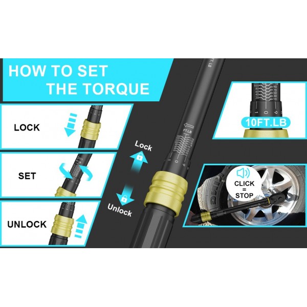 ANPUDS 1/2-Inch Drive Torque Wrench, 10-170 Ft-Lb/13.6-230.5 Nm Click Torque Wrench Set with 17, 19, 21mm Sockets, 1/2"to 3/8" Adapter & 125mm Extension Bar, 72-Tooth, Torque Tool for Car & Motorcycle