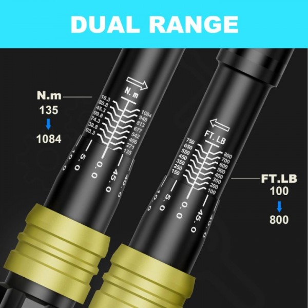 ANPUDS 3/4-Inch Drive Click Torque Wrench, 100-800Ft-Lb/135.5-1084Nm, Dual-Direction Torque Wrench, 48-Tooth Dual Range Scales Torque Wrench with Quick Release Reversible Head for Car, Truck, Tractor