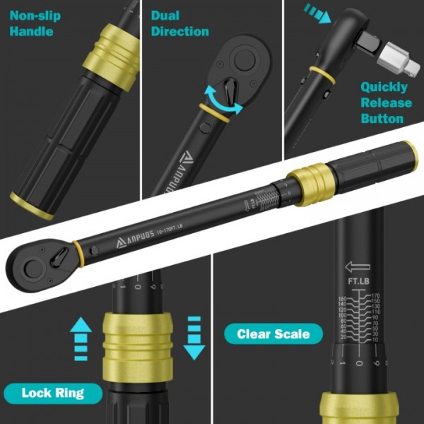 ANPUDS 1/2-Inch Drive Torque Wrench, 10-170 Ft-Lb/13.6-230.5 Nm Click Torque Wrench Set with 17, 19, 21mm Sockets, 1/2"to 3/8" Adapter & 125mm Extension Bar, 72-Tooth, Torque Tool for Car & Motorcycle