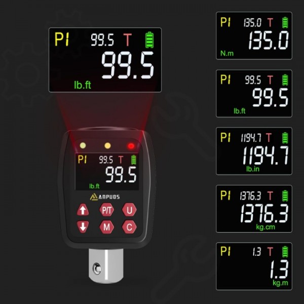 ANPUDS 1/2" Digital Torque Adapter, 5-99.5Ft-lb/6.75-135Nm, Digital Torque Wrench Converter with ±1% Accuracy, Preset Value, Data Storage, Buzzer & LED Indicator, 3/8'' & 1/4'' Adapters for Motorcycle