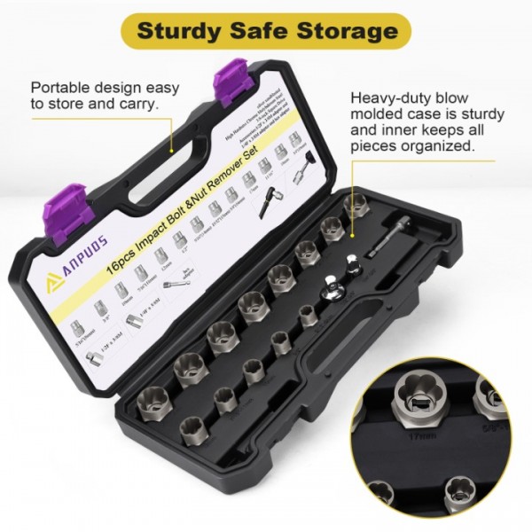 ANPUDS Bolt Extractor Set, 16 Pieces Impact Bolt & Nut Remover Set, Nut Extractor Socket Set, Stripped Lug Nut Remover for Removing Broken, Rounded, Rusted, Frozen, Damaged Nuts Screws & Bolts