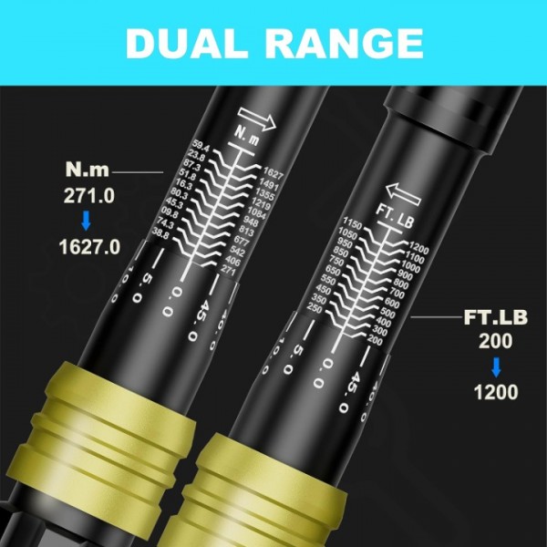 ANPUDS 1-Inch Drive Click Torque Wrench, 200-1200 Ft-Lb/271-1626 Nm, Dual-Direction Torque Wrench, 48-Tooth Dual Range Scales Torque Wrench with Quick Release Reversible Head for Car Truck Tractor