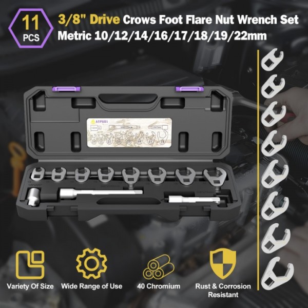ANPUDS 3/8" Drive Crowfoot Wrench Set, 11-Piece Metric Crows Foot Wrench Set with 2 Extension Bars, 1/2''to 3/8'' Adapter, Storage Box, Flare Nut Wrench Set for Repair Work Tight Spaces