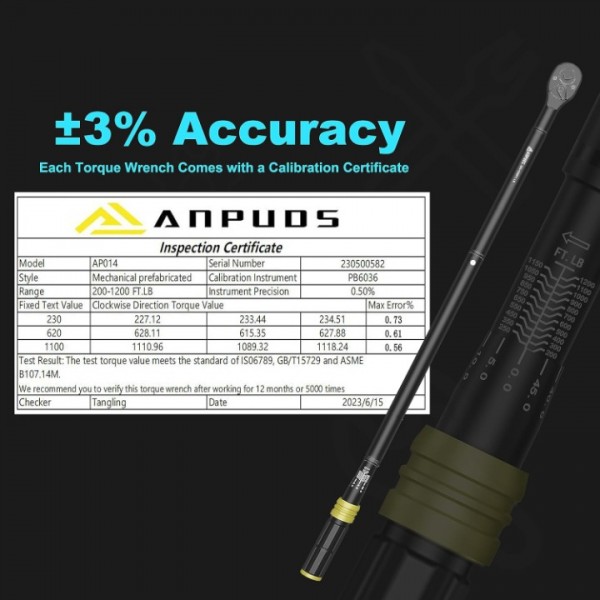 ANPUDS 1-Inch Drive Click Torque Wrench, 200-1200 Ft-Lb/271-1626 Nm, Dual-Direction Torque Wrench, 48-Tooth Dual Range Scales Torque Wrench with Quick Release Reversible Head for Car Truck Tractor