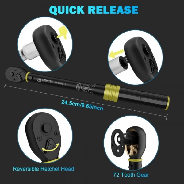 ANPUDS 1/4 Inch Drive Click Torque Wrench, 20-240 in.lb/2.3-27.1 Nm, Small Bike Torque Wrench, Lightweight 72-Tooth Dual-Direction Inch Pound Torque Wrench, MTB Mountain Road Bicycle Maintenance Tool