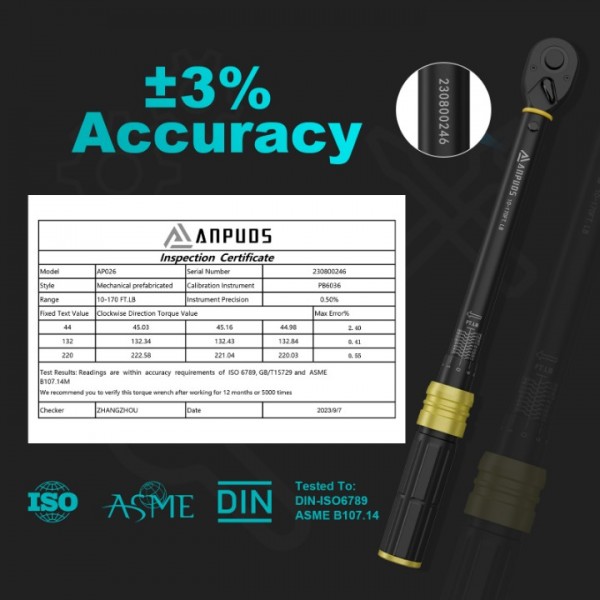 ANPUDS 1/2-Inch Drive Torque Wrench, 10-170 Ft-Lb/13.6-230.5 Nm Click Torque Wrench Set with 17, 19, 21mm Sockets, 1/2"to 3/8" Adapter & 125mm Extension Bar, 72-Tooth, Torque Tool for Car & Motorcycle