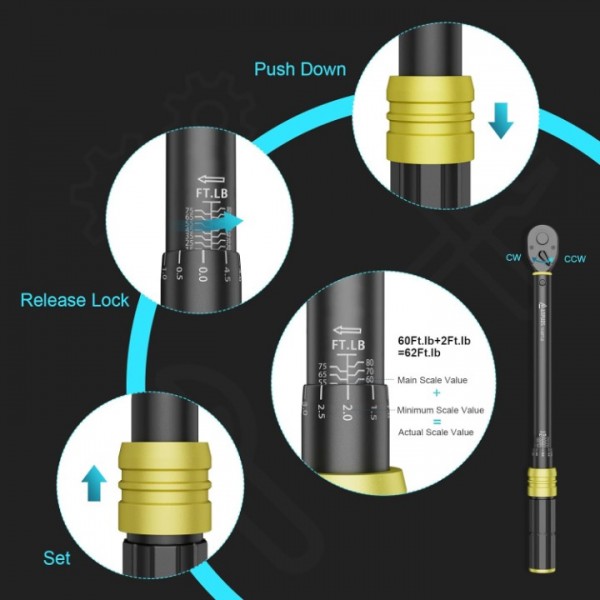 ANPUDS 3/8-Inch Drive Click Torque Wrench, 10-80 Ft-Lb/13.6.8-108.5 Nm, Dual-Direction Torque Wrench with Dual Range Scales, 72-Tooth, Quick Release Reversible Head for Bike, Motorcycle, Car