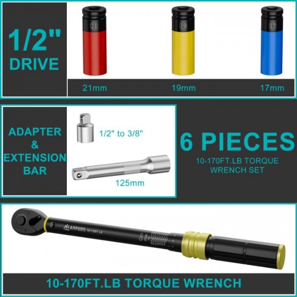 ANPUDS 1/2-Inch Drive Torque Wrench, 10-170 Ft-Lb/13.6-230.5 Nm Click Torque Wrench Set with 17, 19, 21mm Sockets, 1/2"to 3/8" Adapter & 125mm Extension Bar, 72-Tooth, Torque Tool for Car & Motorcycle