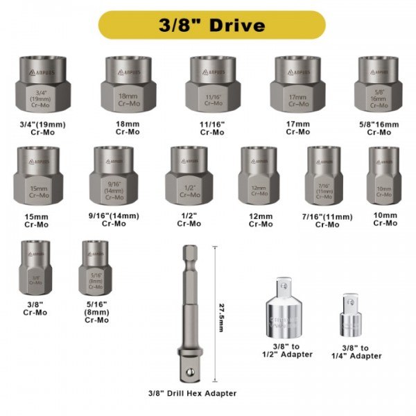 ANPUDS Bolt Extractor Set, 16 Pieces Impact Bolt & Nut Remover Set, Nut Extractor Socket Set, Stripped Lug Nut Remover for Removing Broken, Rounded, Rusted, Frozen, Damaged Nuts Screws & Bolts