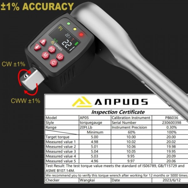 ANPUDS 1/2" Digital Torque Adapter, 1.1-22.1 Ft-lb/1.5-30 Nm, Digital Torque Wrench Converter with ±1% Accuracy, Preset Value, Data Storage, Buzzer & LED Indicators, 3/8'' & 1/4'' Adapters for Bike