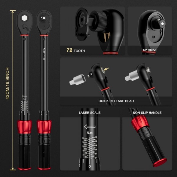 ANPUDS 1/2 Inch Drive Click Torque Wrench, 20-220Nm Dual-direction Torque Wrench with Quick Release Reversible Head for Motorcycle, Car