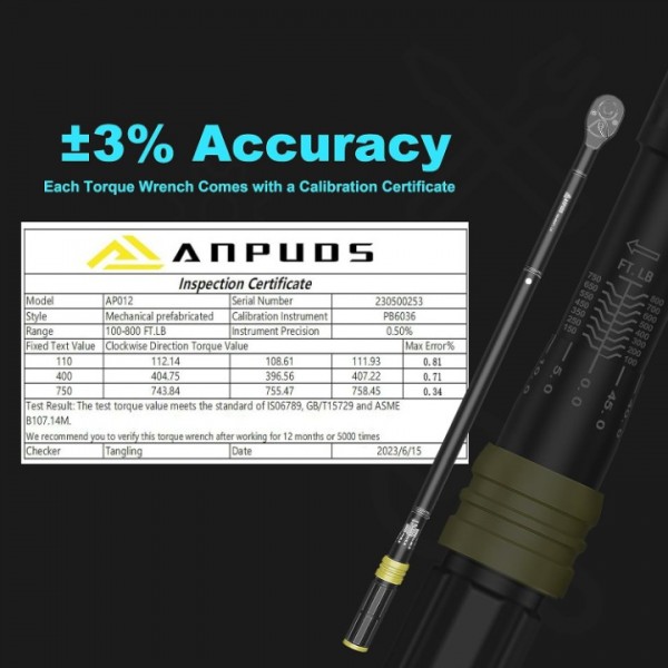 ANPUDS 3/4-Inch Drive Click Torque Wrench, 100-800Ft-Lb/135.5-1084Nm, Dual-Direction Torque Wrench, 48-Tooth Dual Range Scales Torque Wrench with Quick Release Reversible Head for Car, Truck, Tractor