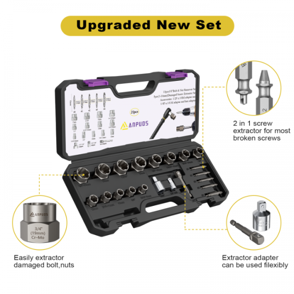 ANPUDS Bolt Extractor Screw Extractor Set, 21 Piece Easy Out Broken Bolt Extractor, Damaged Screw Extractor Set, Stripped Screw Removal Tool for Removing Damaged, Frozen, Rusted, Bolts, Nuts & Screw