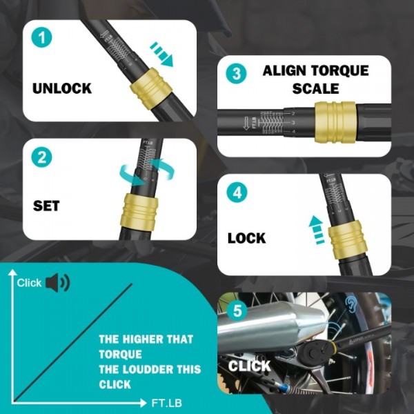 ANPUDS 1/2-Inch Drive Torque Wrench, 10-170 Ft-Lb/13.6-230.5 Nm Click Torque Wrench Set with 17, 19, 21mm Sockets, 1/2"to 3/8" Adapter & 125mm Extension Bar, 72-Tooth, Torque Tool for Car & Motorcycle