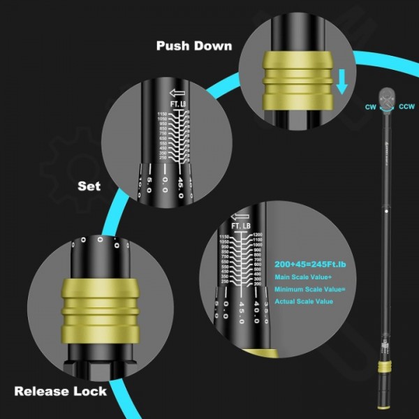 ANPUDS 1-Inch Drive Click Torque Wrench, 200-1200 Ft-Lb/271-1626 Nm, Dual-Direction Torque Wrench, 48-Tooth Dual Range Scales Torque Wrench with Quick Release Reversible Head for Car Truck Tractor