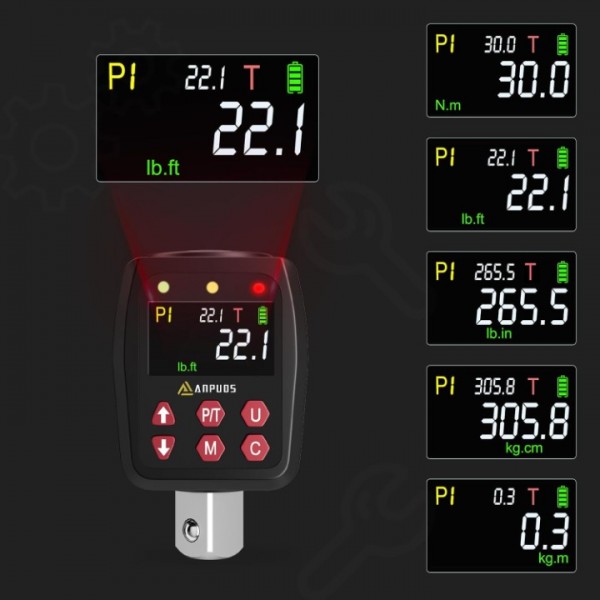 ANPUDS 1/2" Digital Torque Adapter, 1.1-22.1 Ft-lb/1.5-30 Nm, Digital Torque Wrench Converter with ±1% Accuracy, Preset Value, Data Storage, Buzzer & LED Indicators, 3/8'' & 1/4'' Adapters for Bike