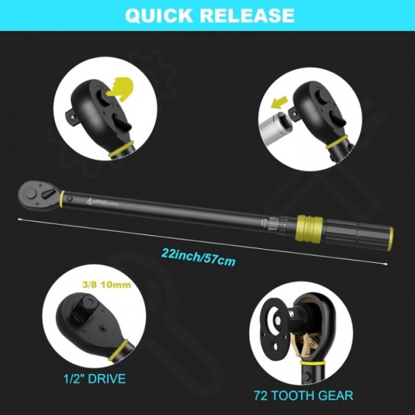 ANPUDS 1/2-Inch Drive Click Torque Wrench, 30-250 Ft-Lb/40.7-339 Nm, Dual-Direction Torque Wrench, 72-Tooth Dual Range Scales Torque Wrench with Quick Release Reversible Head for Motorcycle, Car