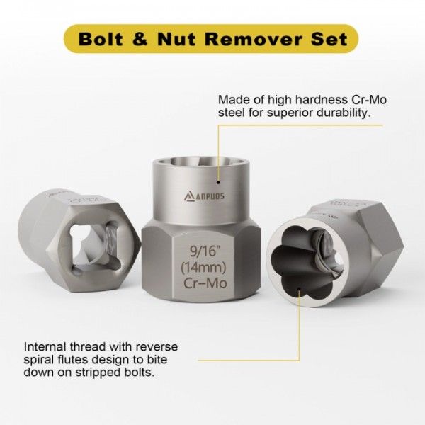 ANPUDS Bolt Extractor Set, 16 Pieces Impact Bolt & Nut Remover Set, Nut Extractor Socket Set, Stripped Lug Nut Remover for Removing Broken, Rounded, Rusted, Frozen, Damaged Nuts Screws & Bolts