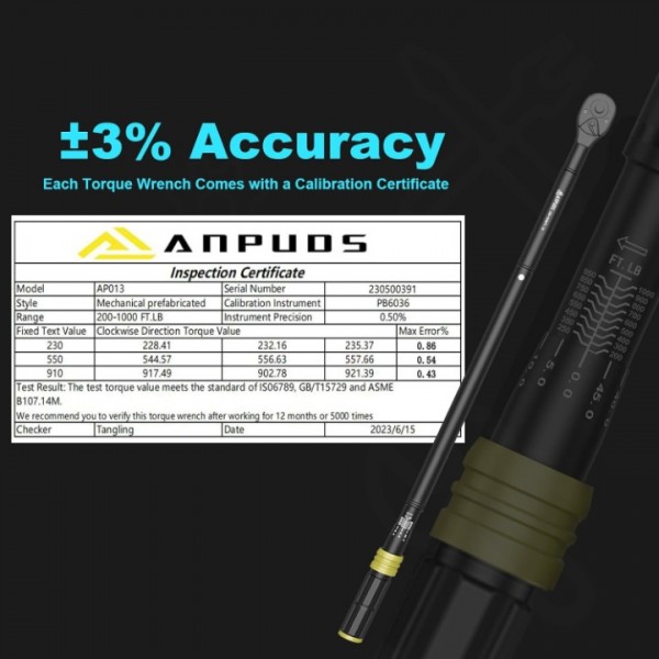 ANPUDS 3/4-Inch Drive Click Torque Wrench, 200-1000 Ft-Lb/271-1355 Nm, Dual-Direction Torque Wrench, 48-Tooth Dual Range Scales Torque Wrench with Quick Release Reversible Head for Car Truck Tractor