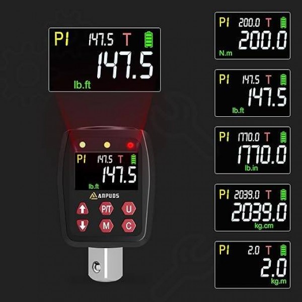 ANPUDS 1/2" Digital Torque Adapter, 7.4-147.5 Ft-lb/10-200 Nm, Digital Torque Wrench Converter with ±1% Accuracy, Preset Value, Data Storage, Buzzer & LED Indicators, 3/8'' & 1/4'' Adapters for Car