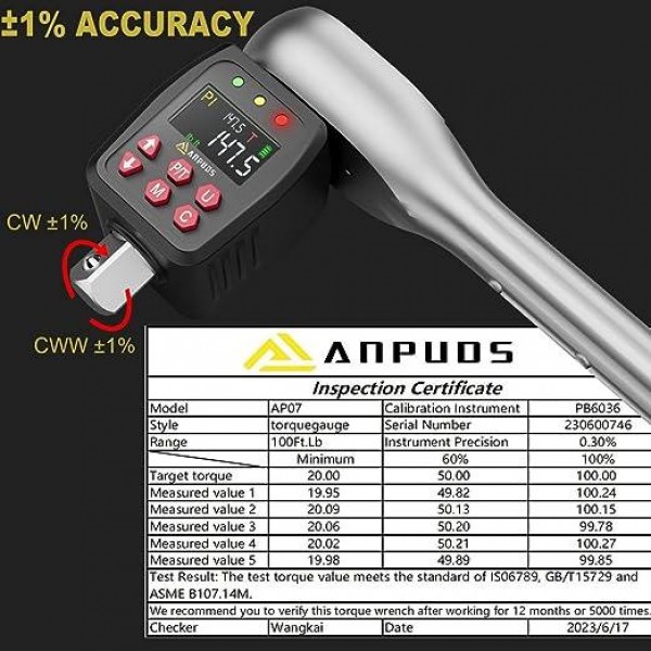 ANPUDS 1/2" Digital Torque Adapter, 7.4-147.5 Ft-lb/10-200 Nm, Digital Torque Wrench Converter with ±1% Accuracy, Preset Value, Data Storage, Buzzer & LED Indicators, 3/8'' & 1/4'' Adapters for Car