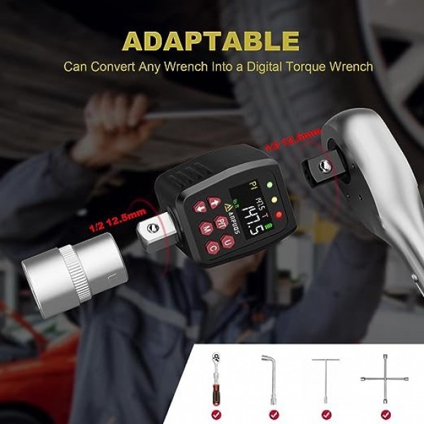 ANPUDS 1/2" Digital Torque Adapter, 7.4-147.5 Ft-lb/10-200 Nm, Digital Torque Wrench Converter with ±1% Accuracy, Preset Value, Data Storage, Buzzer & LED Indicators, 3/8'' & 1/4'' Adapters for Car