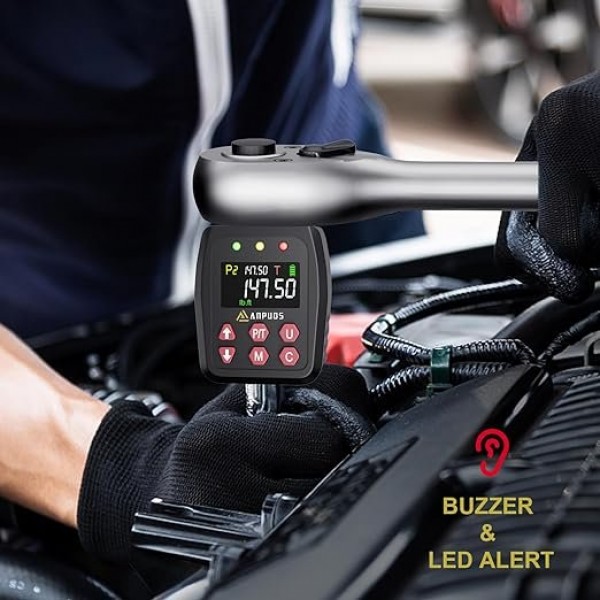 ANPUDS 1/2" Digital Torque Adapter, 7.4-147.5 Ft-lb/10-200 Nm, Digital Torque Wrench Converter with ±1% Accuracy, Preset Value, Data Storage, Buzzer & LED Indicators, 3/8'' & 1/4'' Adapters for Car