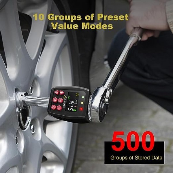 ANPUDS 1/2" Digital Torque Adapter, 7.4-147.5 Ft-lb/10-200 Nm, Digital Torque Wrench Converter with ±1% Accuracy, Preset Value, Data Storage, Buzzer & LED Indicators, 3/8'' & 1/4'' Adapters for Car