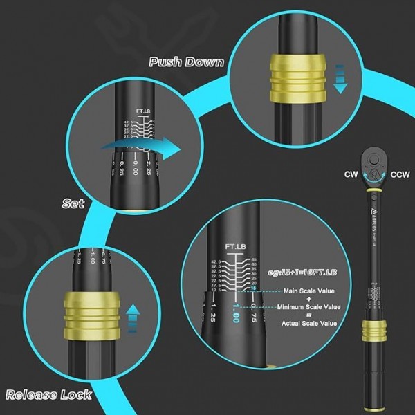 ANPUDS 3/8-Inch Drive Torque Wrench, 5-45 Ft-Lb/6.8-61 Nm, 72-Tooth, 26 Pcs Torque Wrench Set with Hex, Torx, Sockets, Extension Bar, Spark Plug Socket & Adapters for Bike, Motorcycle, Car Spark