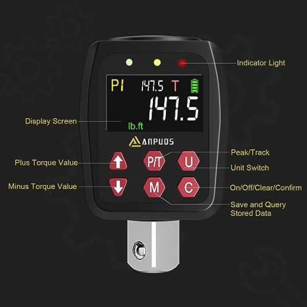 ANPUDS 1/2" Digital Torque Adapter, 7.4-147.5 Ft-lb/10-200 Nm, Digital Torque Wrench Converter with ±1% Accuracy, Preset Value, Data Storage, Buzzer & LED Indicators, 3/8'' & 1/4'' Adapters for Car
