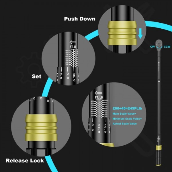 ANPUDS 3/4-Inch Drive Click Torque Wrench, 200-1000 Ft-Lb/271-1355 Nm, Dual-Direction Torque Wrench, 48-Tooth Dual Range Scales Torque Wrench with Quick Release Reversible Head for Car Truck Tractor